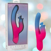 The Elation Dual Stimulator with Suction by CalExotics, featuring a pink and blue gradient design, is displayed alongside its packaging, which showcases the product image and branding.